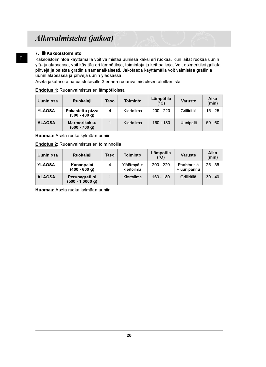 Samsung BT62TDBST/XEE manual Huomaa Aseta ruoka kylmään uuniin 