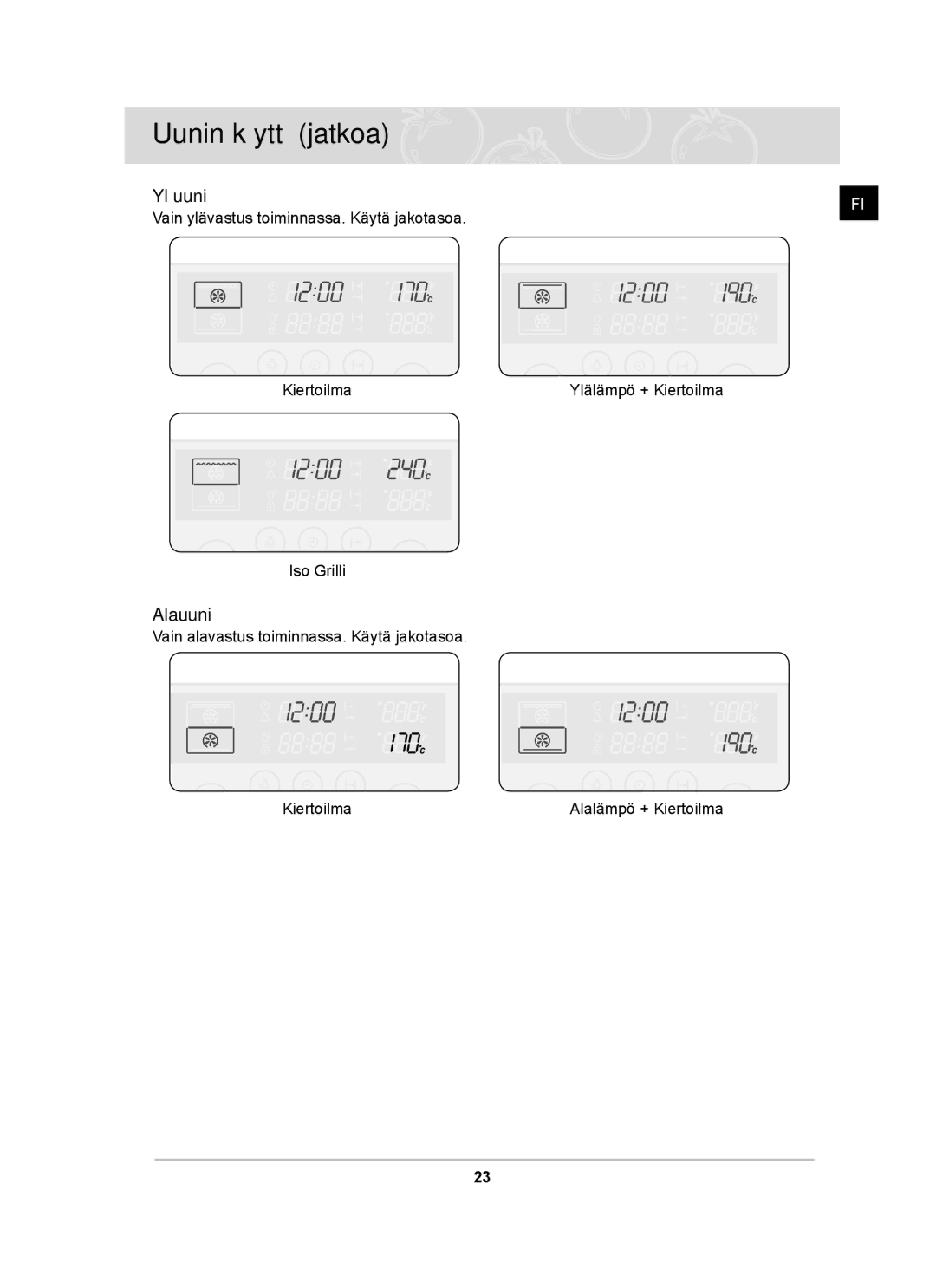 Samsung BT62TDBST/XEE manual Uunin käyttö jatkoa, Alauuni 