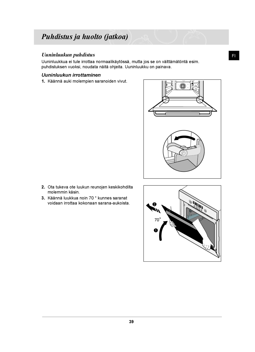 Samsung BT62TDBST/XEE manual Uuninluukun puhdistus, Uuninluukun irrottaminen 