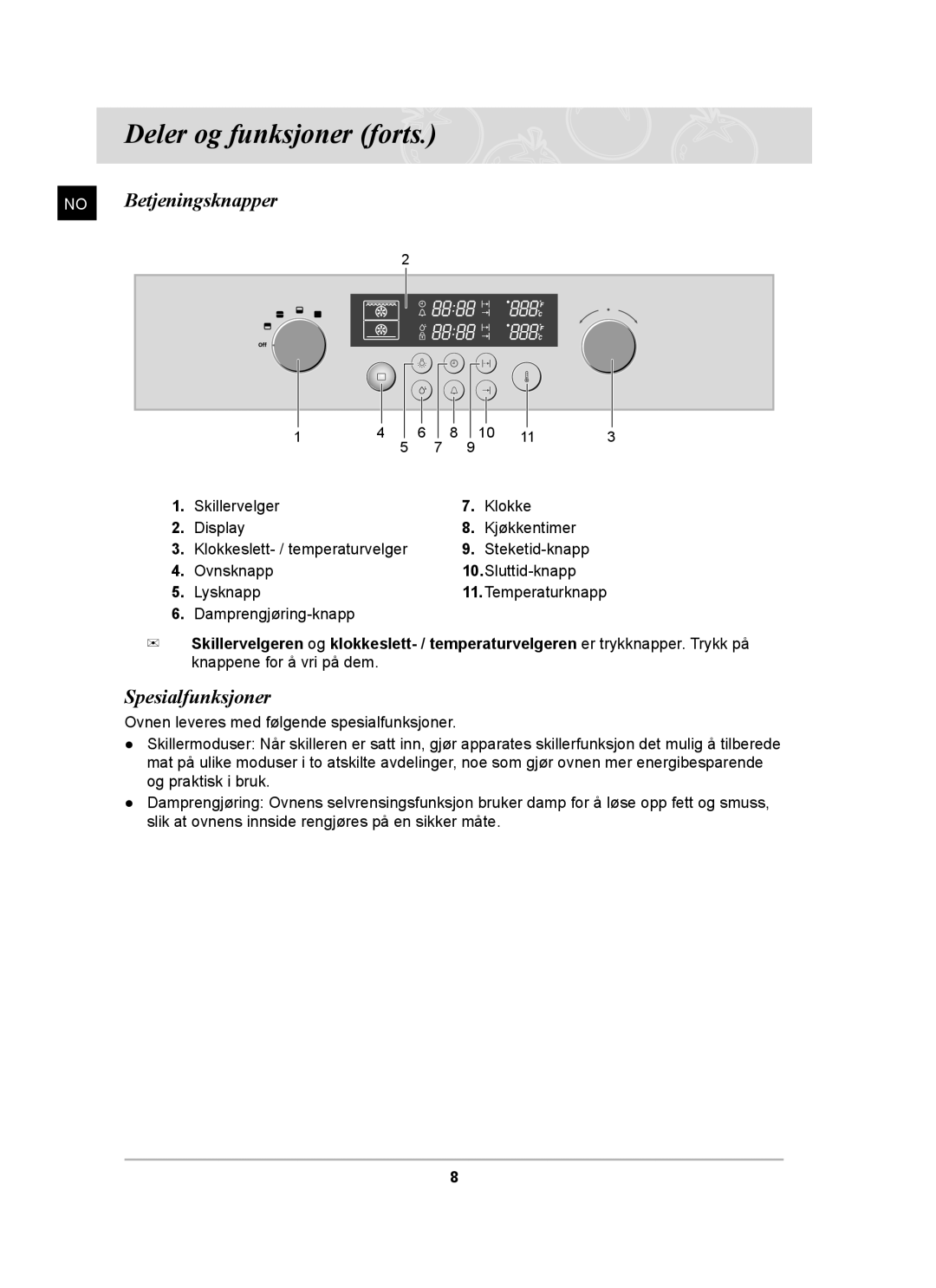 Samsung BT62TDBST/XEE manual Deler og funksjoner forts, No Betjeningsknapper, Spesialfunksjoner 