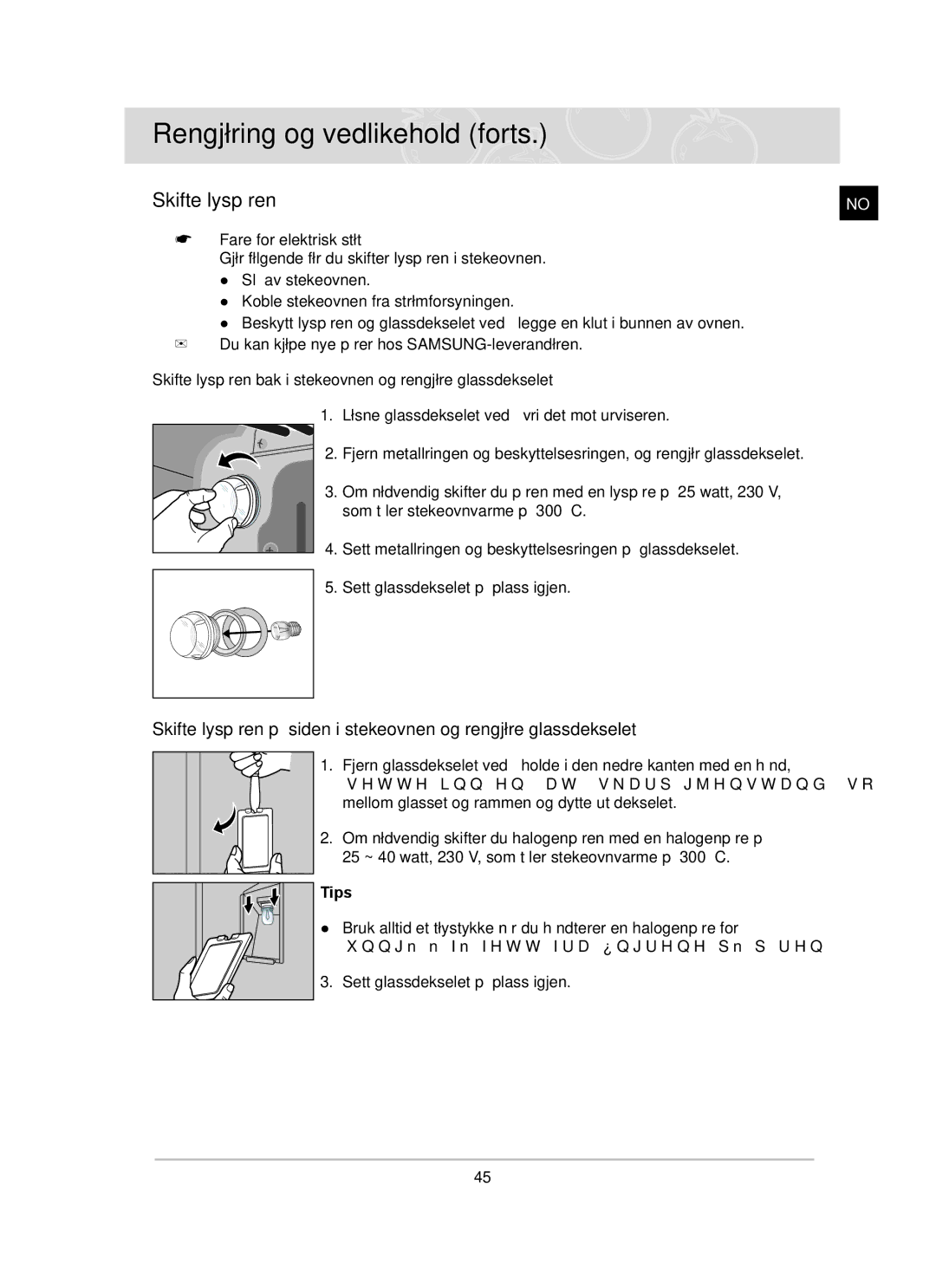 Samsung BT62TDBST/XEE manual Skifte lyspæren, Fare for elektrisk støt 