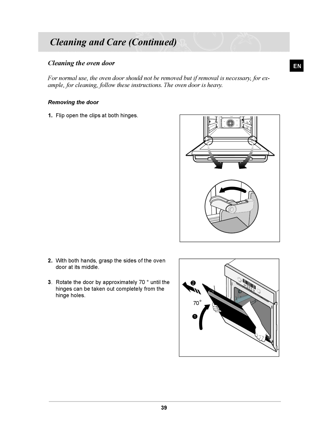 Samsung BT62TDBB/XEE, BT62TDBST/XEG, BT62TDBST/XEE manual Cleaning the oven door, Removing the door 