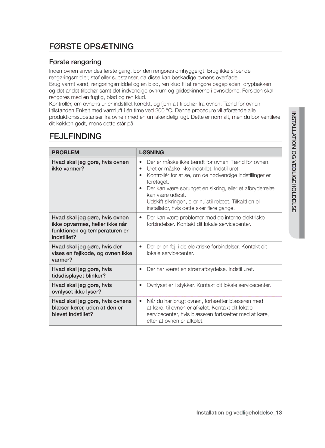 Samsung BT62TDBW/XEE manual Første opsætning, Fejlfinding, Første rengøring, Problem Løsning 