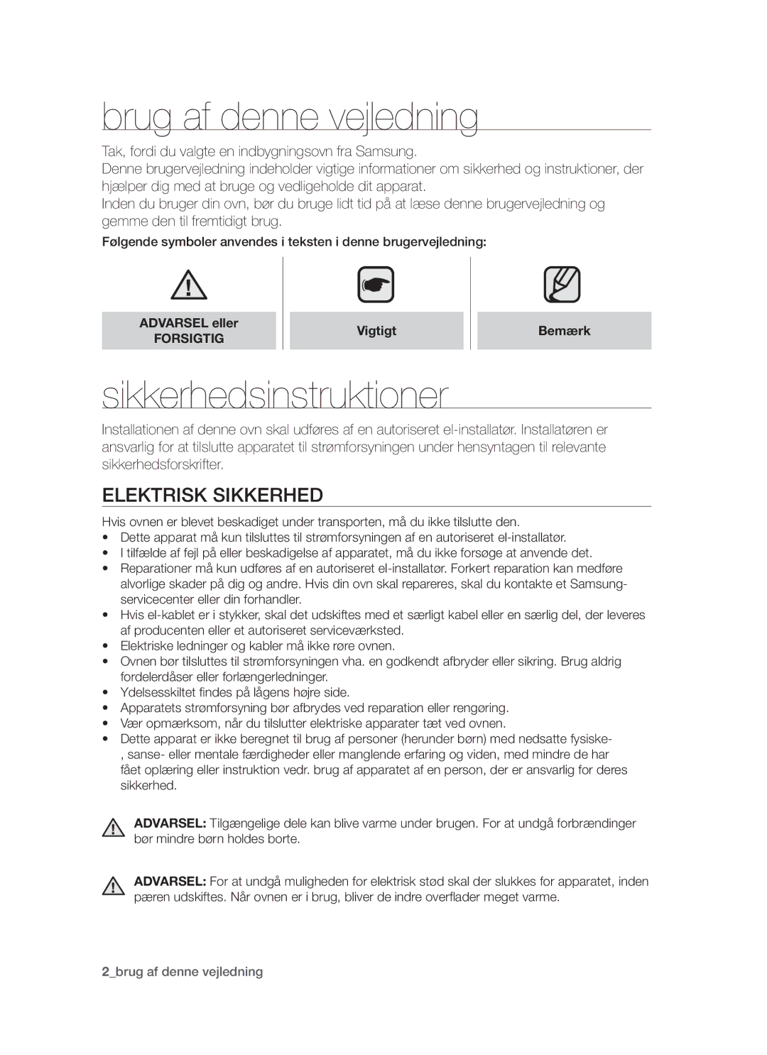 Samsung BT62TDBW/XEE Brug af denne vejledning, Sikkerhedsinstruktioner, Elektrisk sikkerhed, Forsigtig, Vigtigt Bemærk 