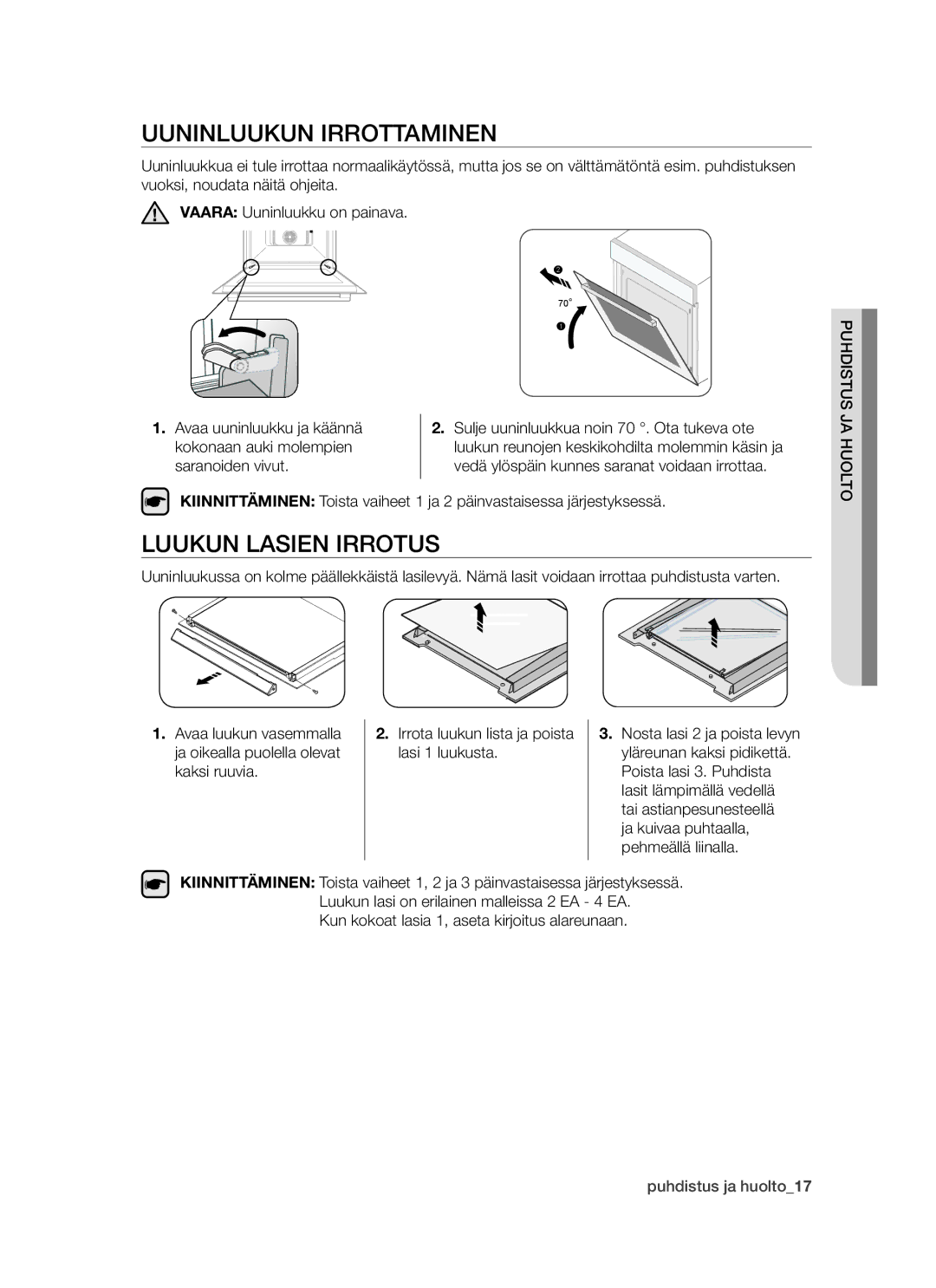 Samsung BT62TDBW/XEE manual Uuninluukun irrottaminen, Luukun lasien irrotus 