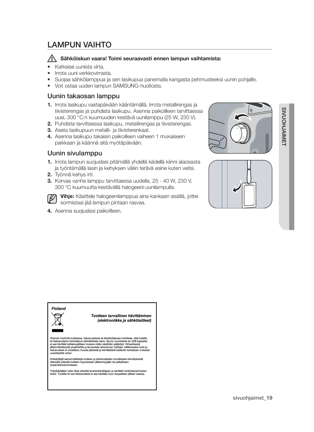 Samsung BT62TDBW/XEE manual Lampun vaihto, Uunin takaosan lamppu, Uunin sivulamppu 