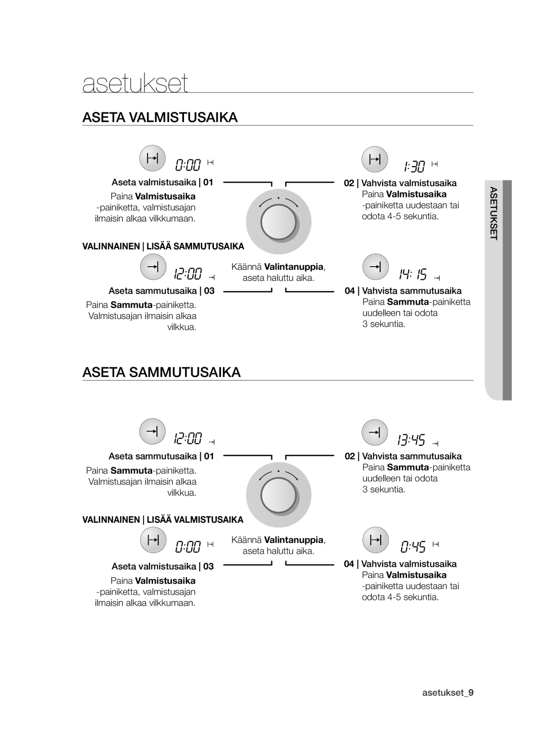 Samsung BT62TDBW/XEE manual Asetukset, Aseta valmistusaika, Aseta Sammutusaika, Valinnainen Lisää Sammutusaika 