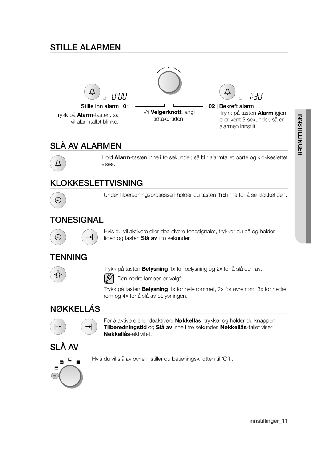 Samsung BT62TDBW/XEE manual Stille alarmen, Slå av alarmen, Klokkeslettvisning, Tonesignal, Tenning, Nøkkellås 