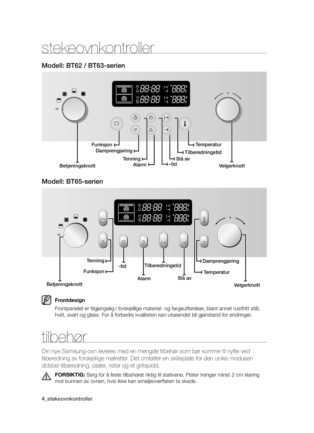 Samsung BT62TDBW/XEE manual Stekeovnkontroller, Tilbehør, Modell BT62 / BT63-serien, Modell BT65-serien, Frontdesign 