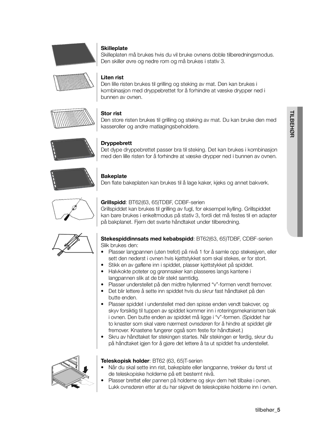 Samsung BT62TDBW/XEE manual Skilleplate, Liten rist, Stor rist, Dryppebrett, Bakeplate 