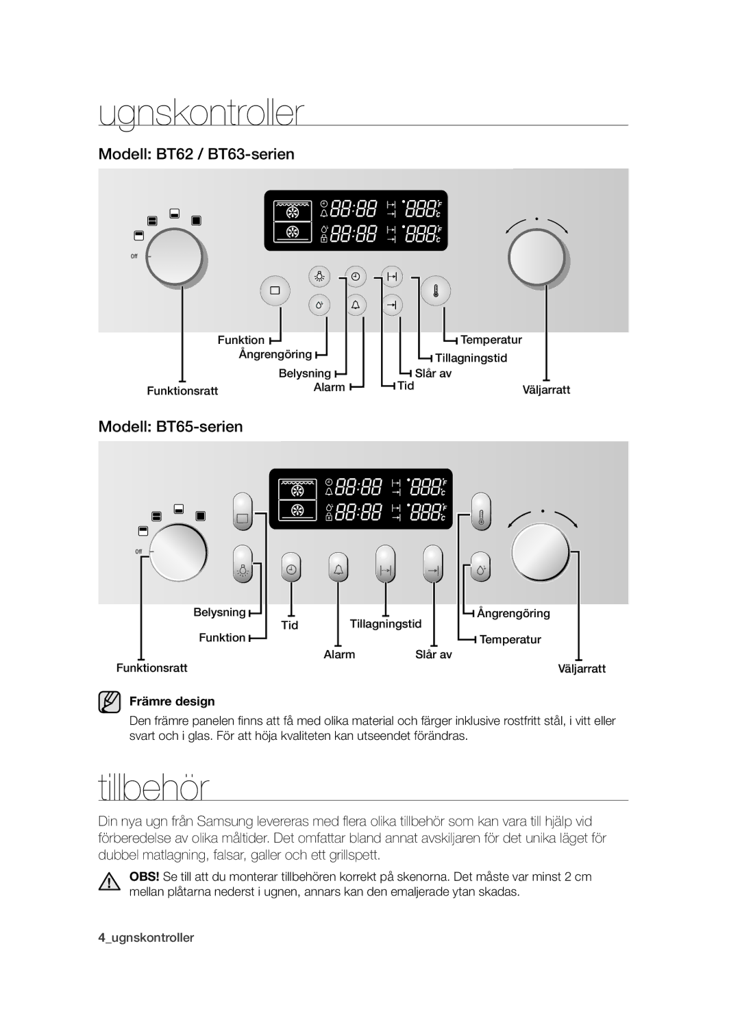 Samsung BT62TDBW/XEE manual Ugnskontroller, Tillbehör, Modell BT62 / BT63-serien, Modell BT65-serien, Främre design 