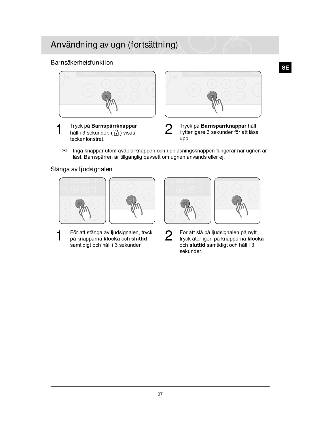 Samsung BT62TQBPST/XEE manual Barnsäkerhetsfunktion, Stänga av ljudsignalen, Håll i 3 sekunder.. visas 