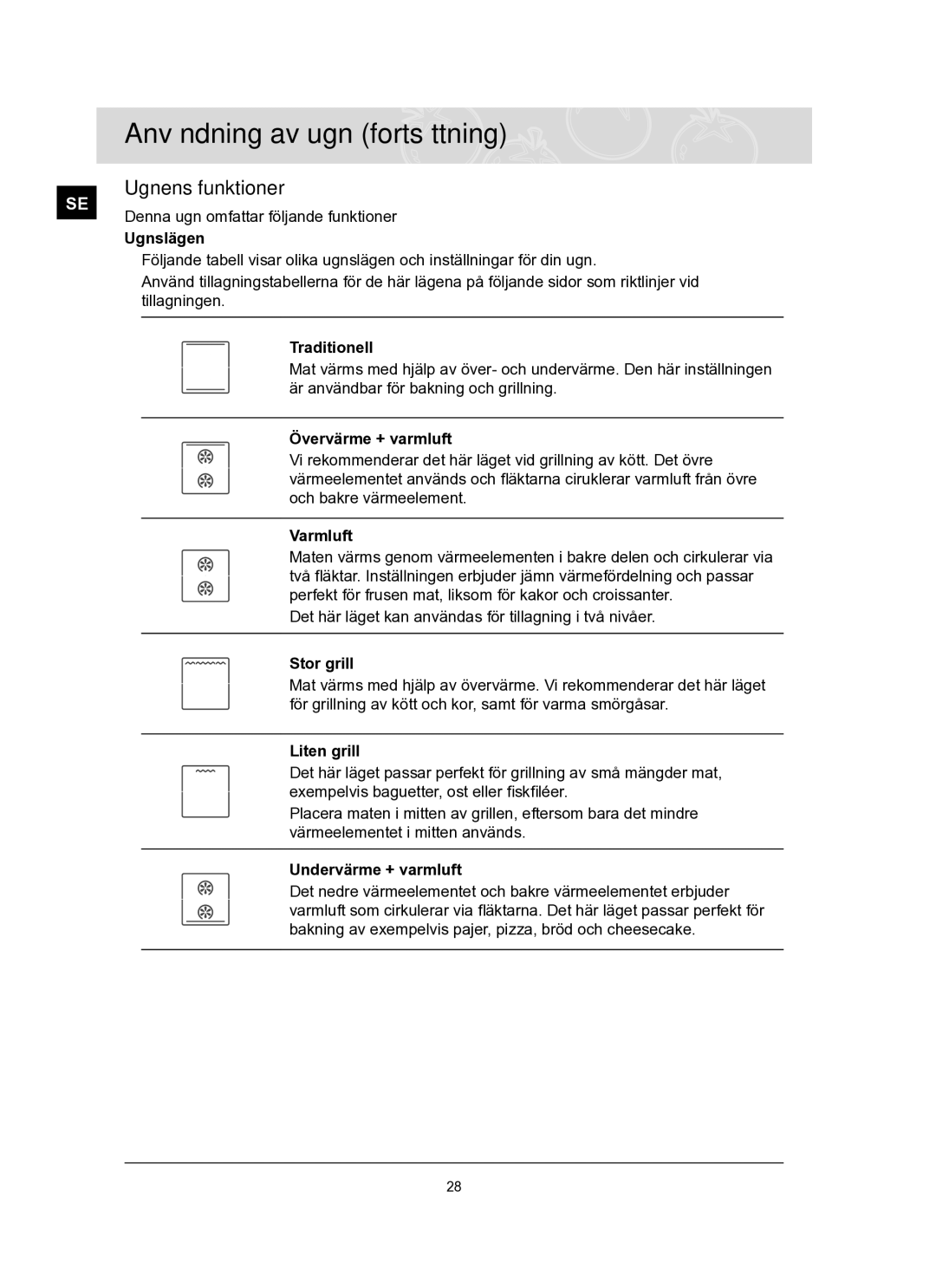 Samsung BT62TQBPST/XEE manual Ugnens funktioner 