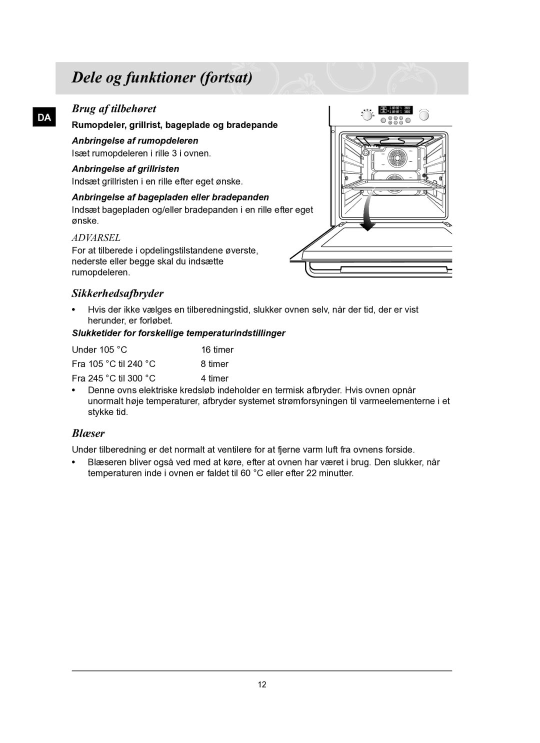 Samsung BT62TQBPST/XEE manual Brug af tilbehøret, Sikkerhedsafbryder, Blæser 