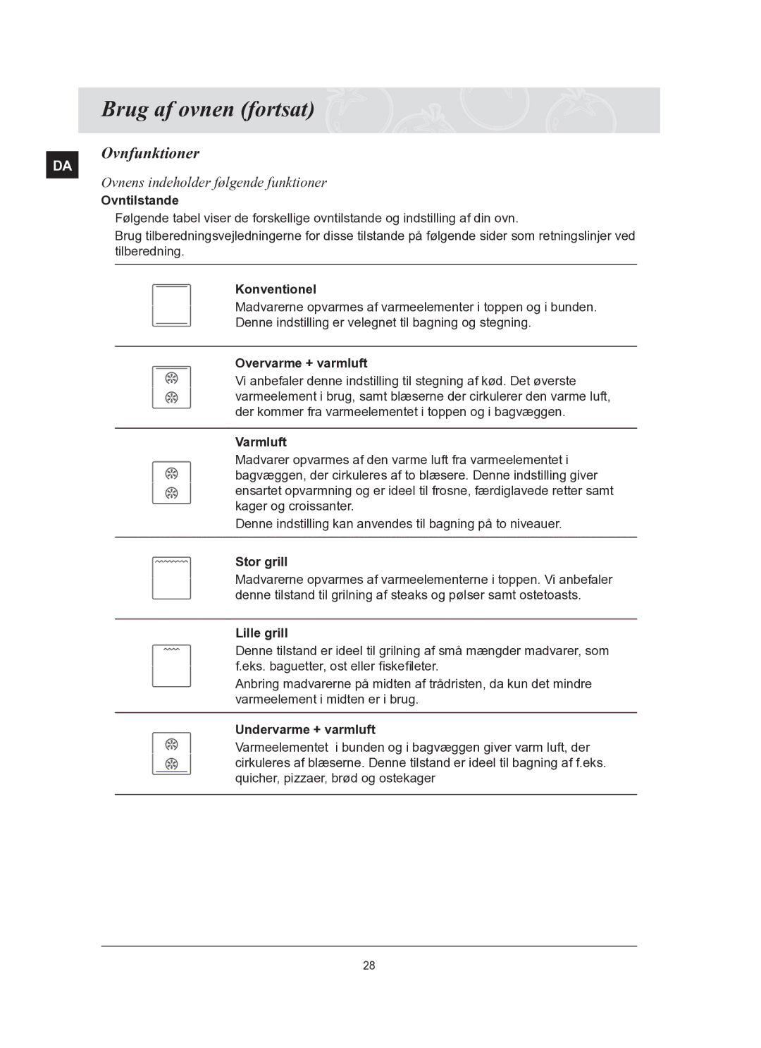 Samsung BT62TQBPST/XEE manual Ovnfunktioner, Ovnens indeholder følgende funktioner 