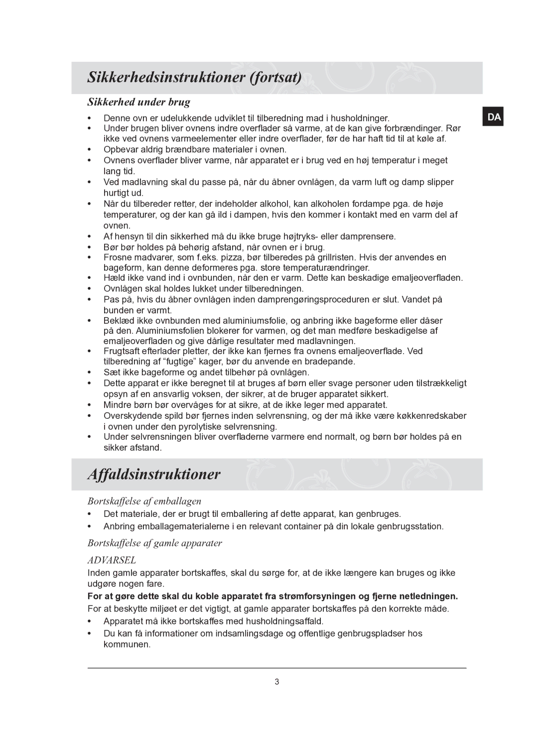 Samsung BT62TQBPST/XEE manual Sikkerhedsinstruktioner fortsat, Affaldsinstruktioner, Sikkerhed under brug 