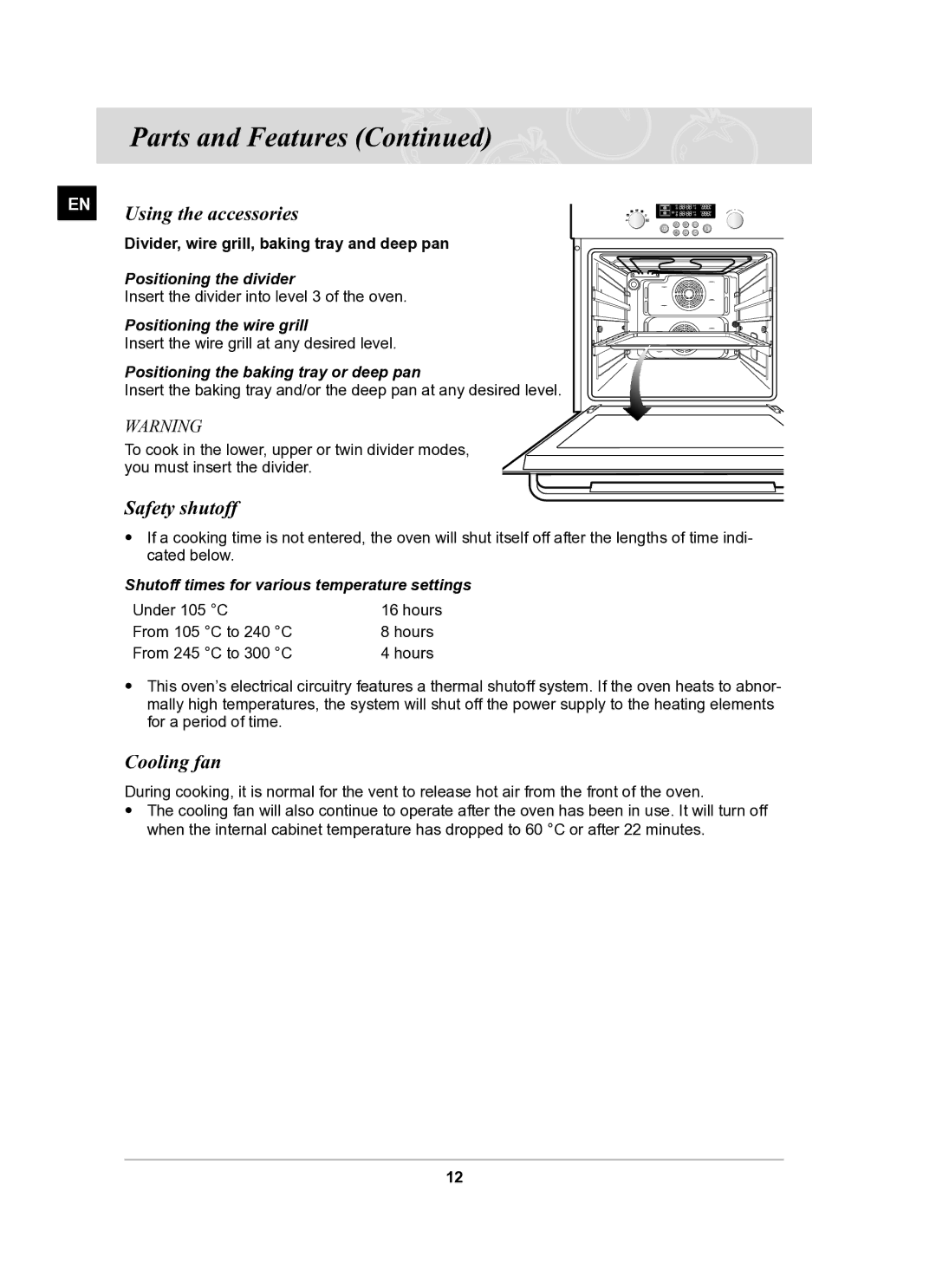 Samsung BT62TQBPST/XEE manual Using the accessories, Safety shutoff, Cooling fan 