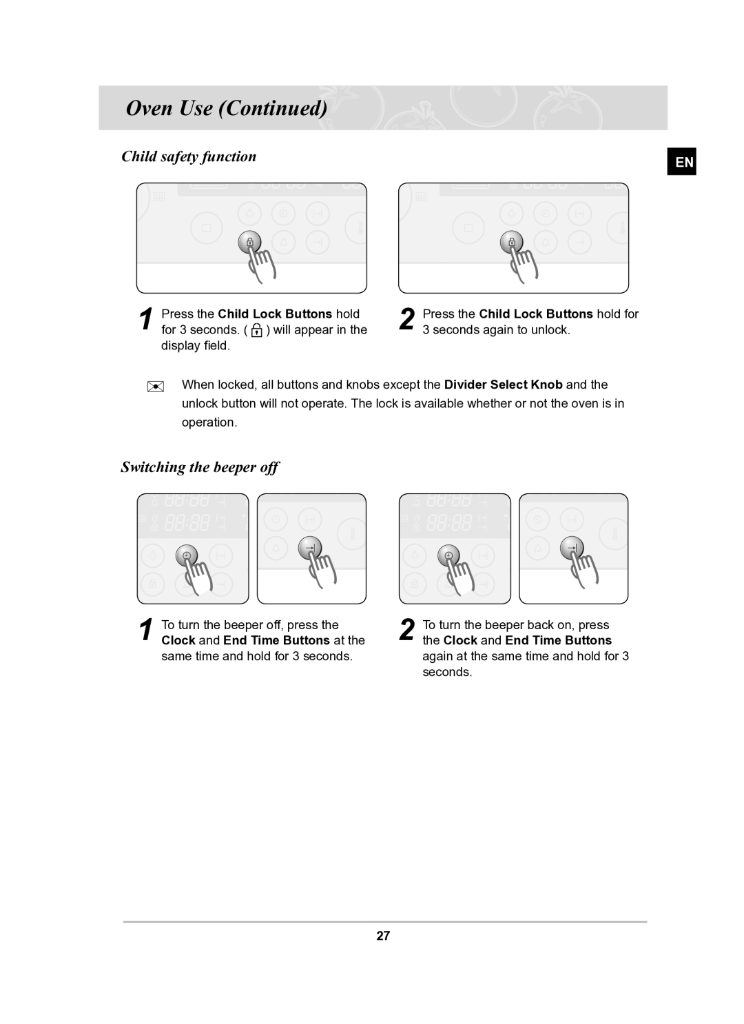 Samsung BT62TQBPST/XEE manual Child safety function, Switching the beeper off, Press the Child Lock Buttons hold 