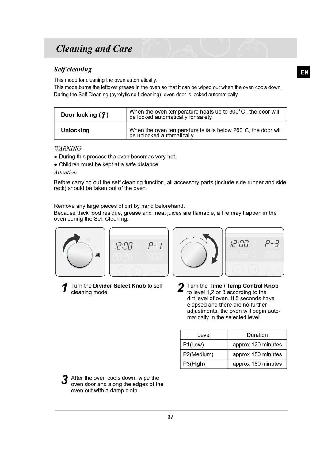 Samsung BT62TQBPST/XEE manual Cleaning and Care, Self cleaning, Door locking, Unlocking 