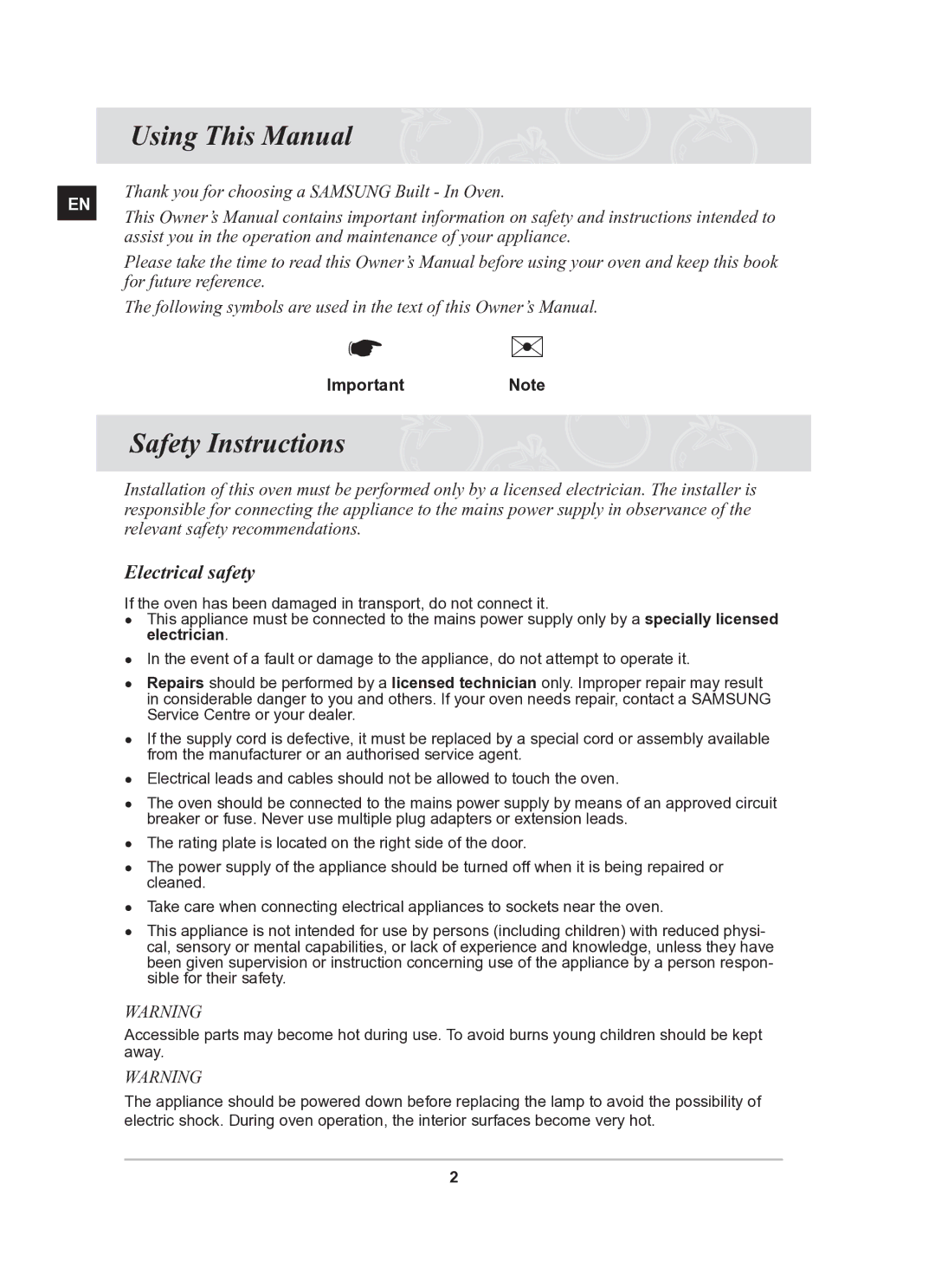 Samsung BT62TQBPST/XEE manual Using This Manual, Safety Instructions, Electrical safety, ImportantNote 