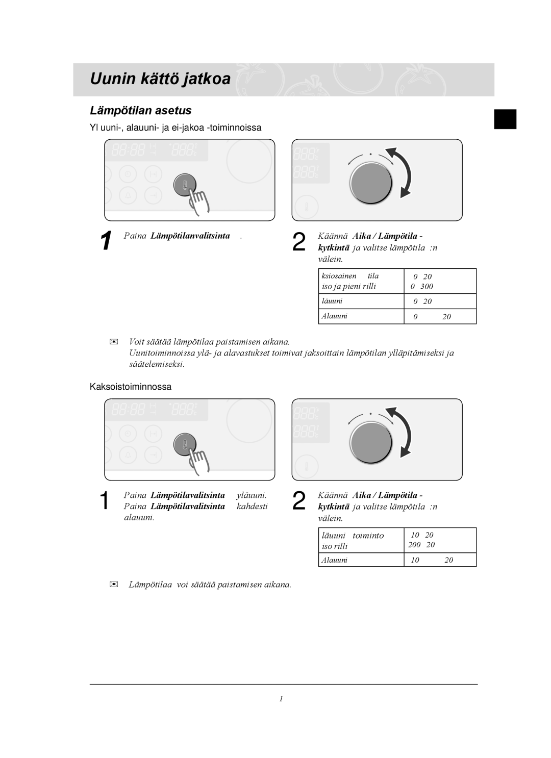 Samsung BT62TQBPST/XEE manual Lämpötilan asetus, Yläuuni-, alauuni- ja ei-jakoa -toiminnoissa, Kaksoistoiminnossa 