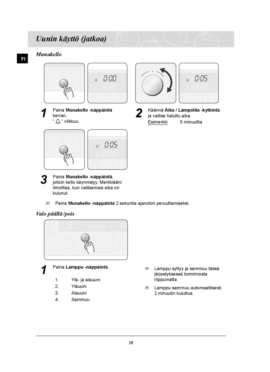 Samsung BT62TQBPST/XEE manual Valo päällä/pois, Paina Munakello -näppäintä, Paina Lamppu -näppäintä 