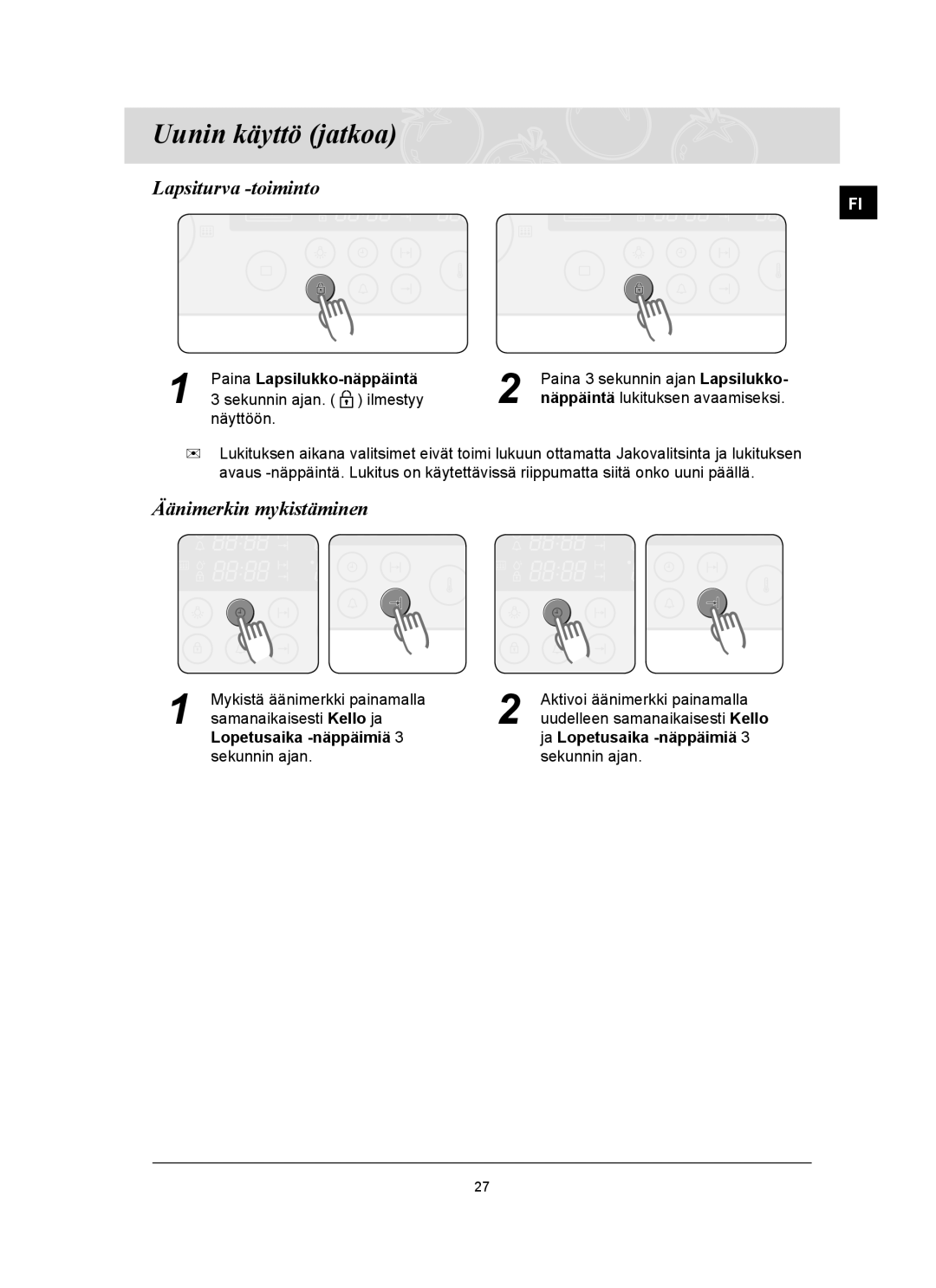 Samsung BT62TQBPST/XEE manual Lapsiturva -toiminto, Äänimerkin mykistäminen, Paina Lapsilukko-näppäintä 