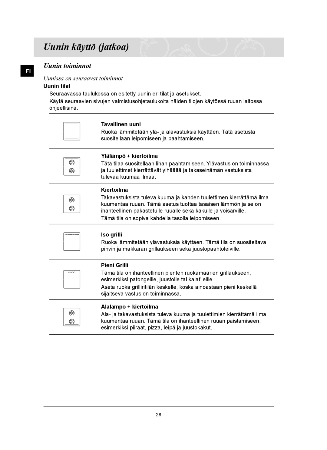 Samsung BT62TQBPST/XEE manual Uunin toiminnot, Uunissa on seuraavat toiminnot 