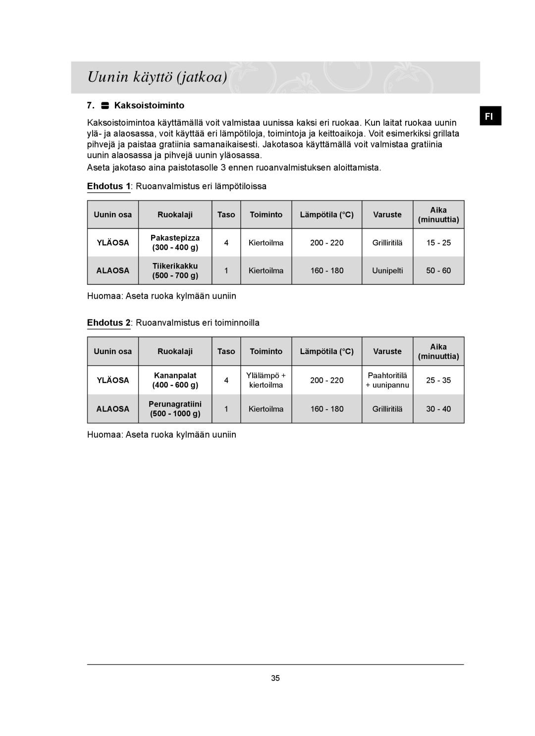 Samsung BT62TQBPST/XEE manual Huomaa Aseta ruoka kylmään uuniin 