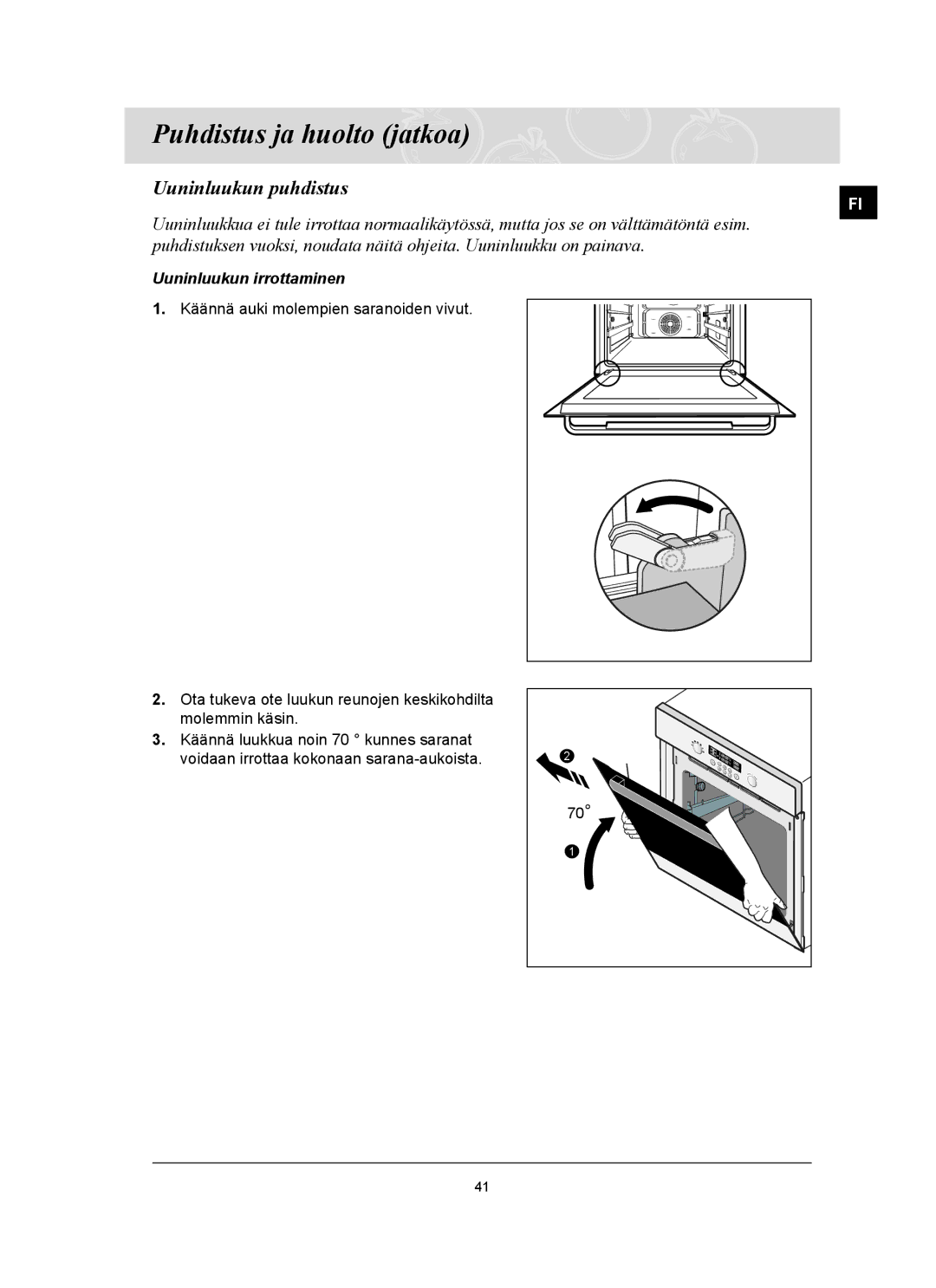 Samsung BT62TQBPST/XEE manual Uuninluukun puhdistus, Uuninluukun irrottaminen 