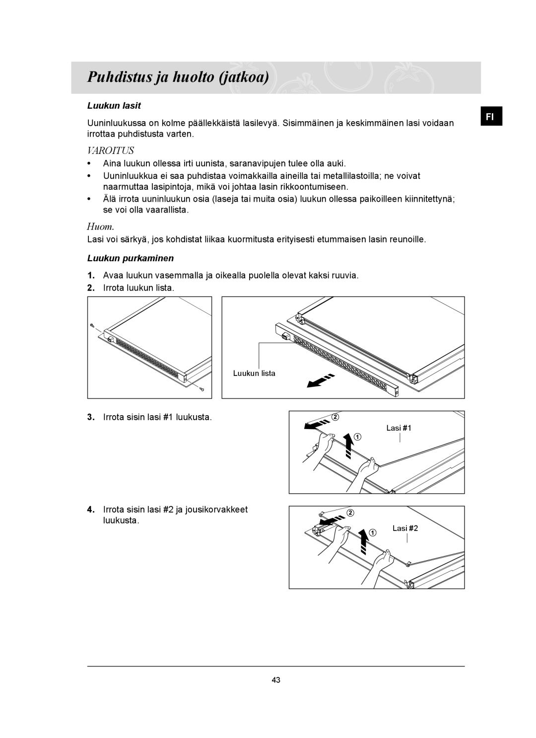 Samsung BT62TQBPST/XEE manual Luukun lasit, Luukun purkaminen 