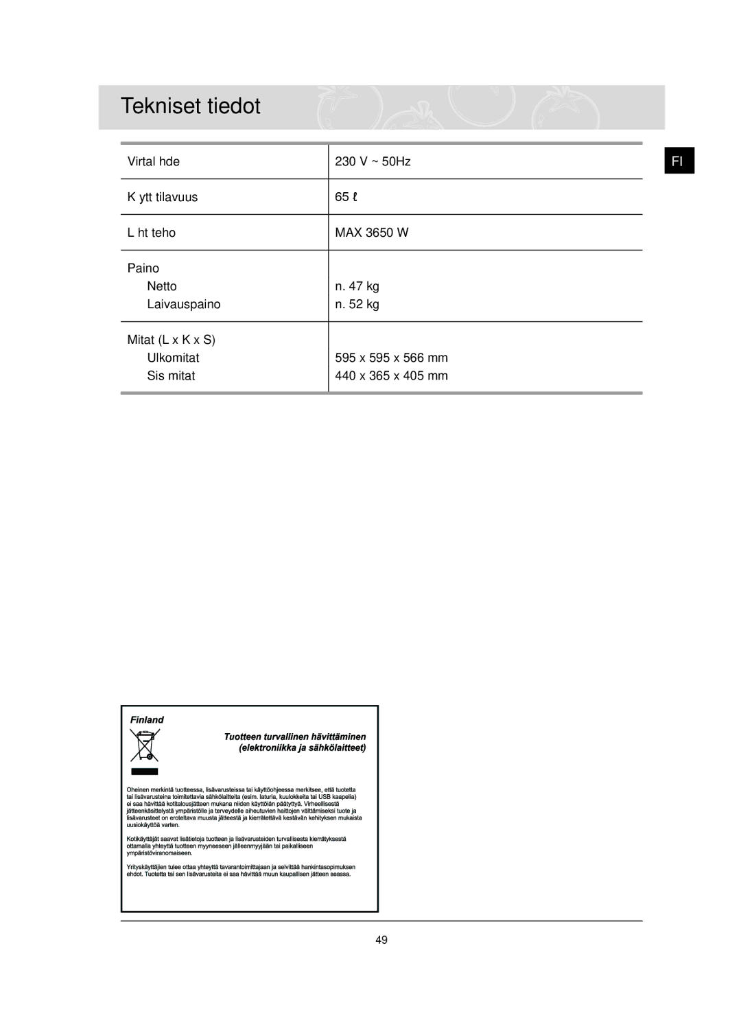 Samsung BT62TQBPST/XEE manual Tekniset tiedot 