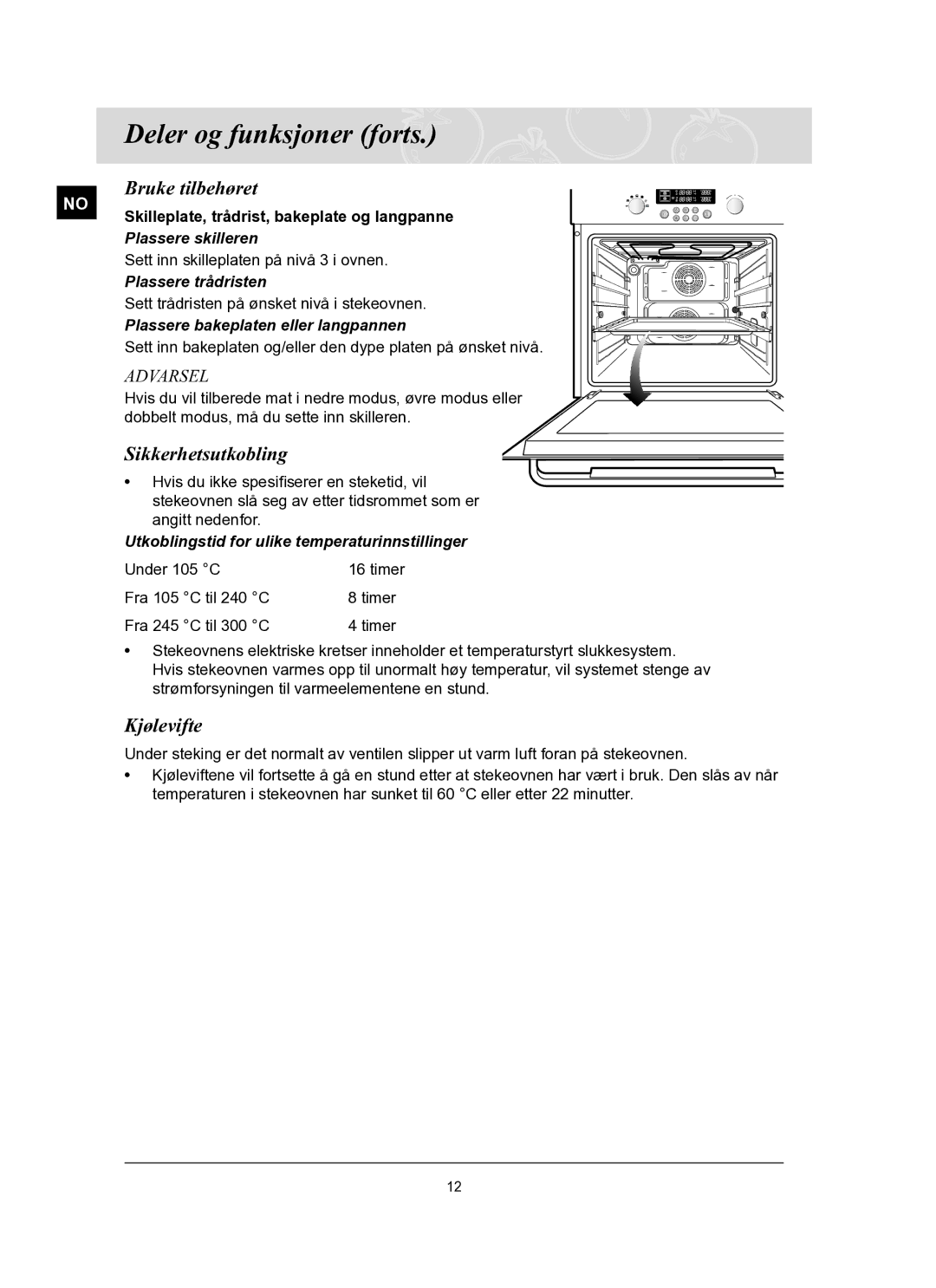 Samsung BT62TQBPST/XEE manual Bruke tilbehøret, Sikkerhetsutkobling, Kjølevifte 