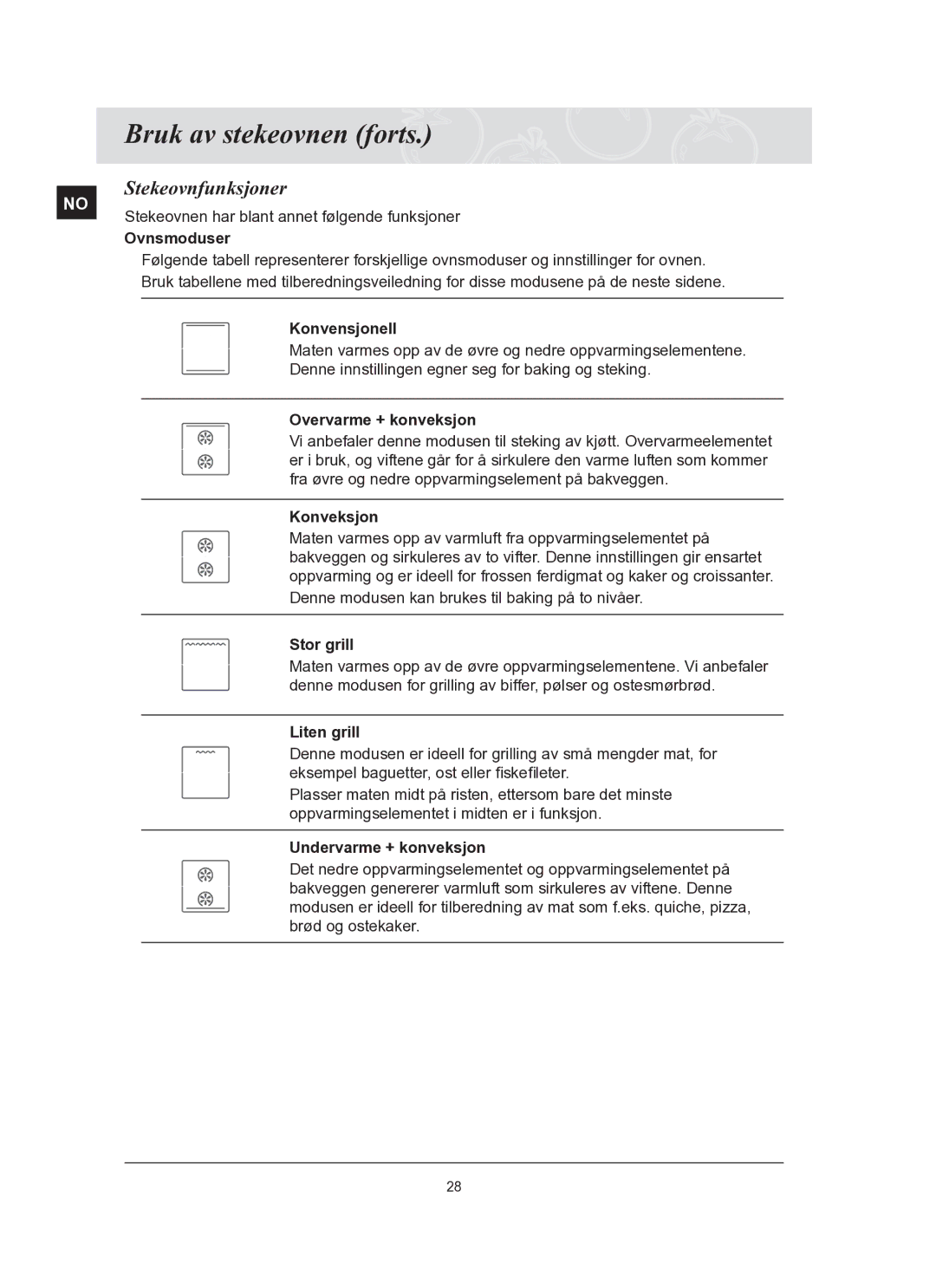 Samsung BT62TQBPST/XEE manual Stekeovnfunksjoner 