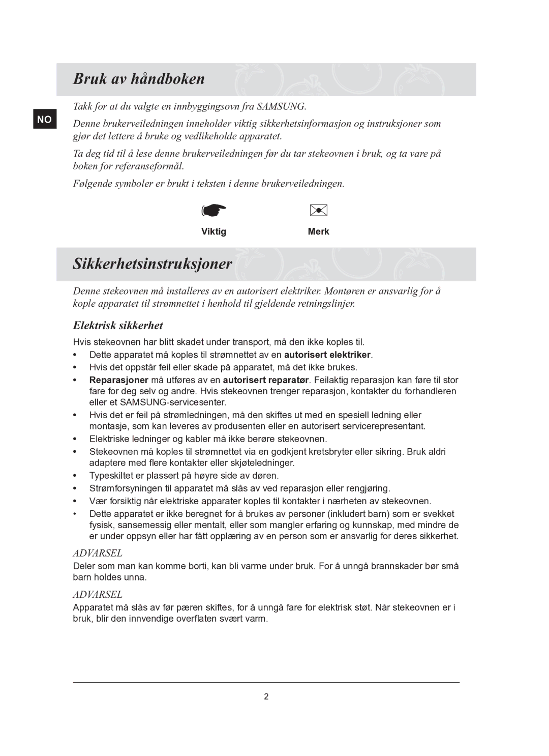 Samsung BT62TQBPST/XEE manual Bruk av håndboken, Sikkerhetsinstruksjoner, Elektrisk sikkerhet 