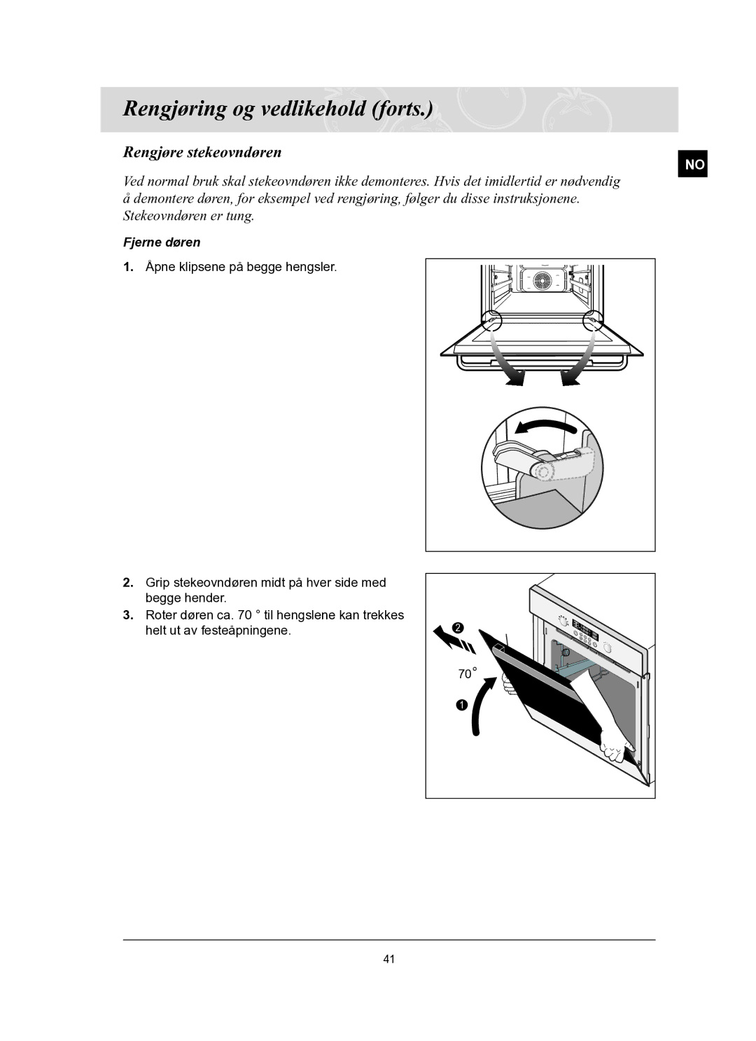 Samsung BT62TQBPST/XEE manual Rengjøre stekeovndøren, Fjerne døren 