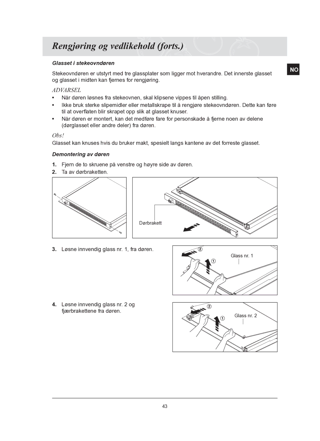 Samsung BT62TQBPST/XEE manual Glasset i stekeovndøren, Demontering av døren 