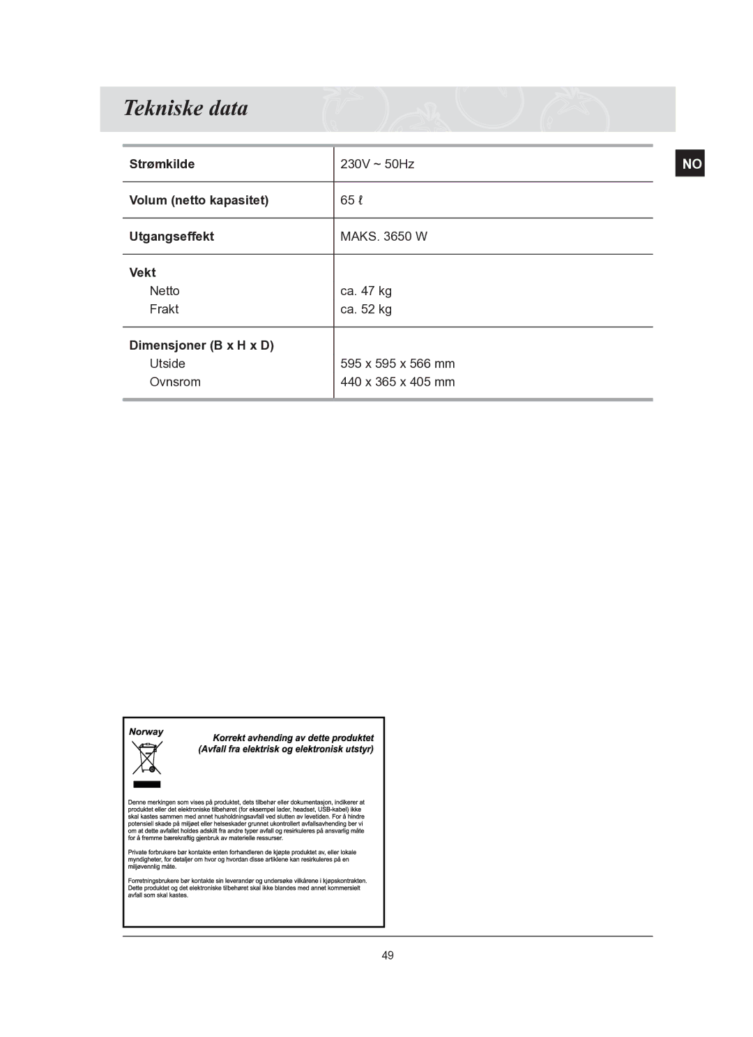 Samsung BT62TQBPST/XEE manual Tekniske data 