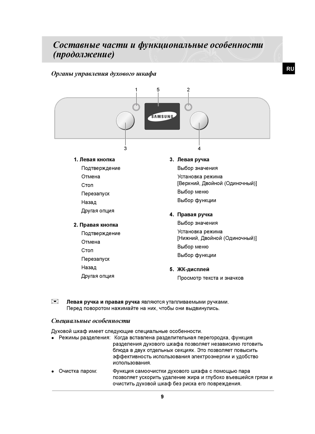 Samsung BT63ASSTR/SBW, BT63ASSTR/BWT Составные части и функциональные особенности продолжение, Специальные особенности 