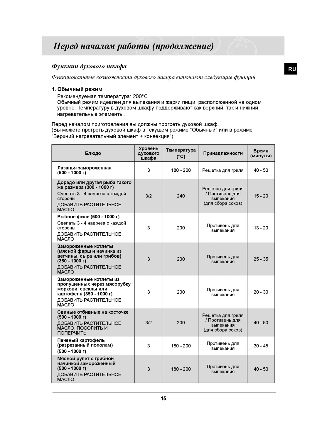 Samsung BT63ASSTR/SBW, BT63ASSTR/BWT manual Функции духового шкафа, Обычный режим 