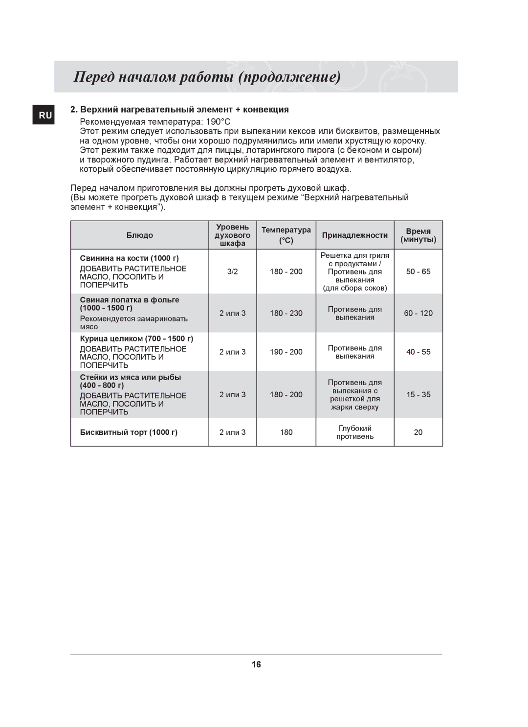 Samsung BT63ASSTR/BWT, BT63ASSTR/SBW manual Верхний нагревательный элемент + конвекция, Рекомендуемая температура 190 C 