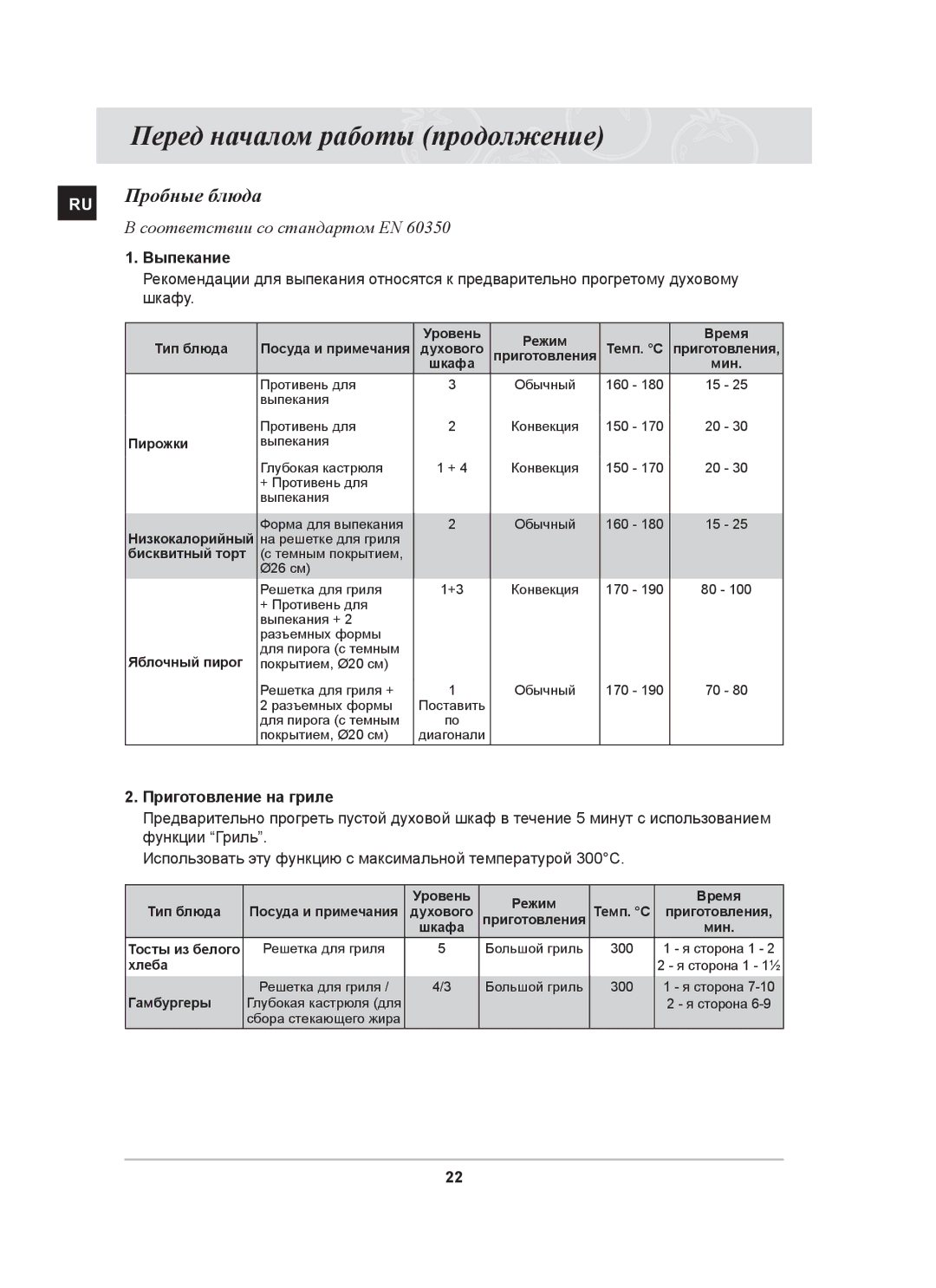 Samsung BT63ASSTR/BWT, BT63ASSTR/SBW manual Пробные блюда, Соответствии со стандартом EN, Выпекание, Приготовление на гриле 