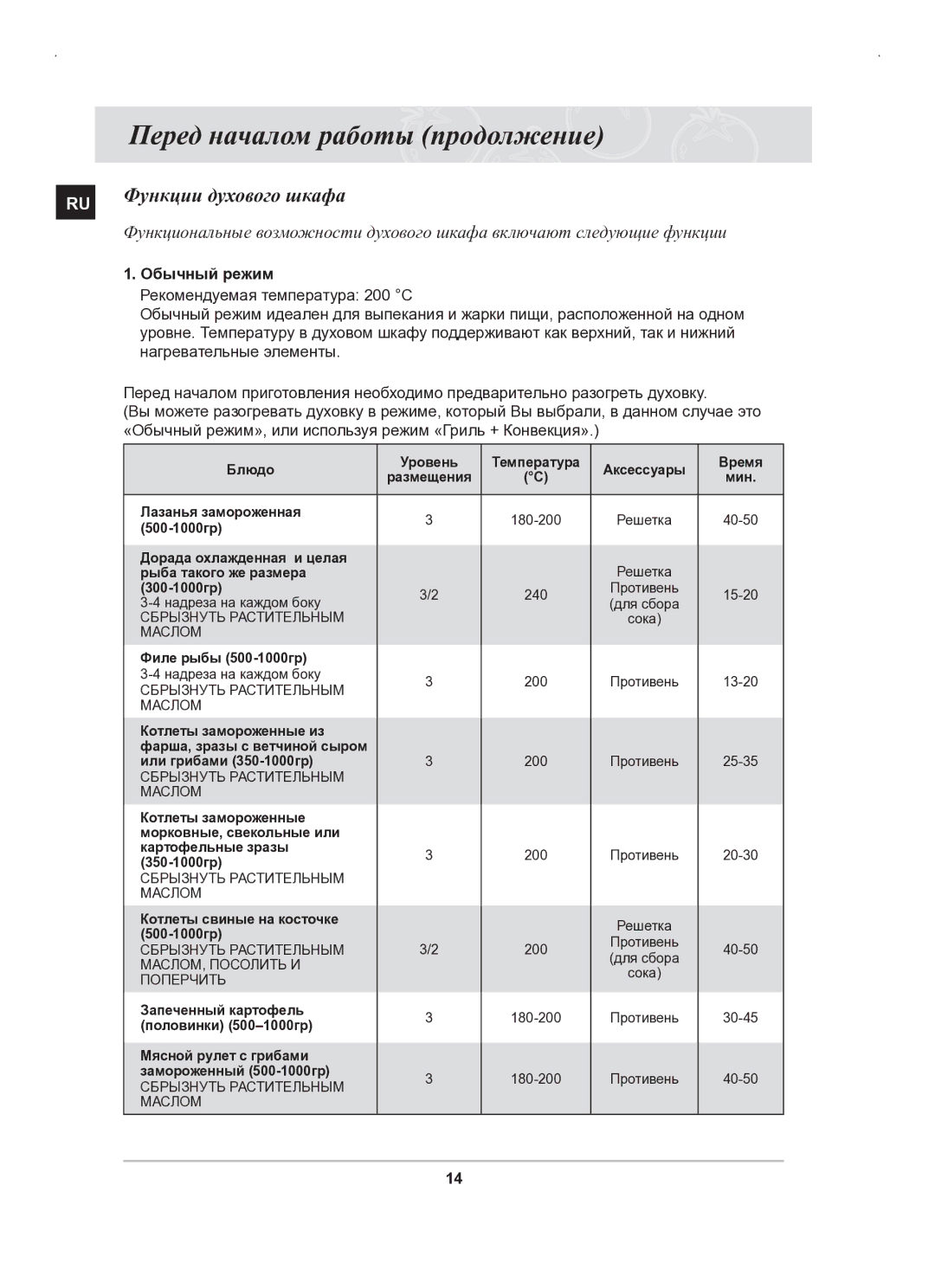 Samsung BT63BSSTR/SBW, BT63BSSTR/BWT manual Функции духового шкафа, Обычный режим 