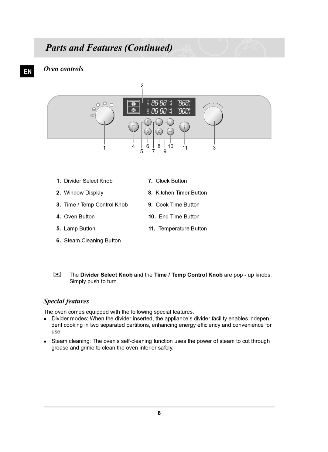 Samsung BT63CDAL/BOL manual Oven controls, Special features 