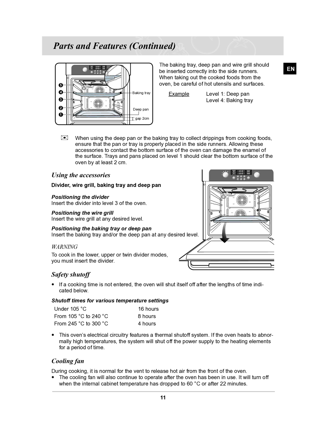 Samsung BT63CDAL/BOL manual Using the accessories, Safety shutoff, Cooling fan 