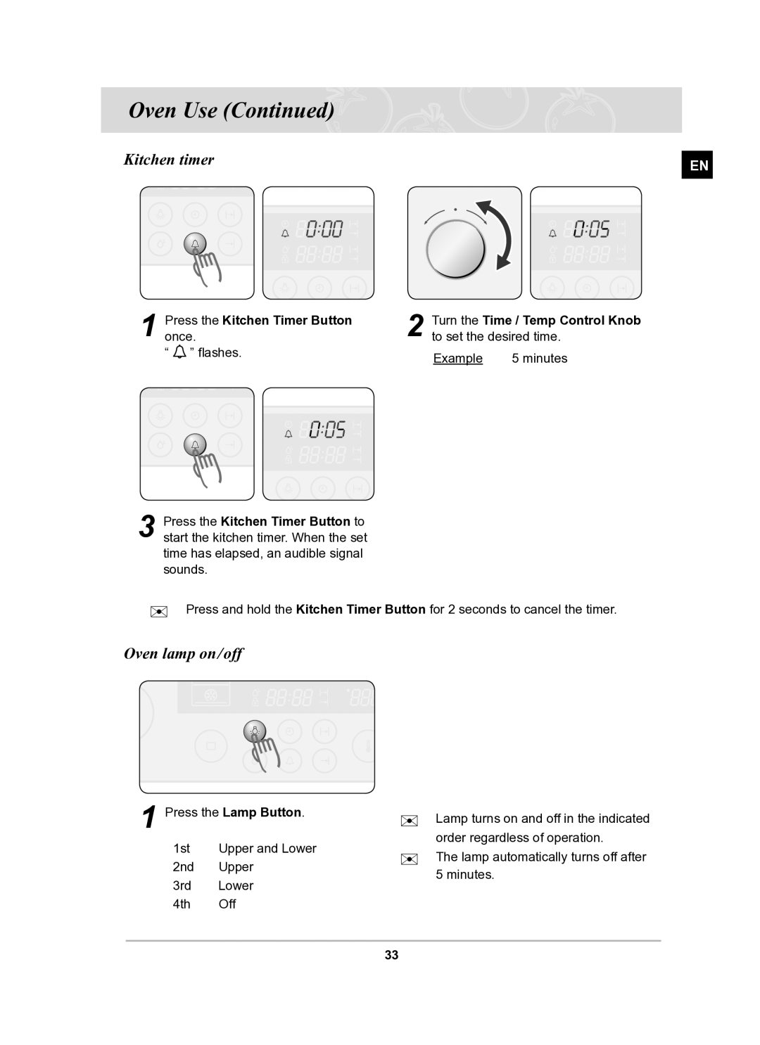 Samsung BT63CDAL/BOL manual Kitchen timer, Oven lamp on/off 