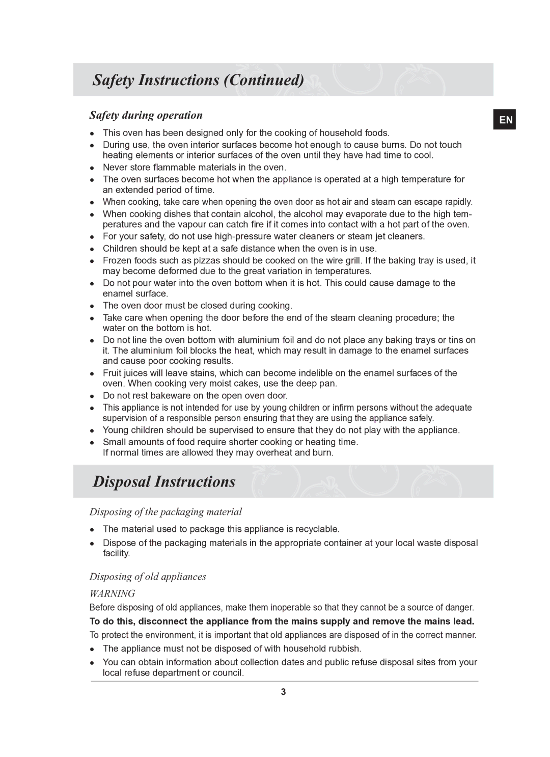 Samsung BT63CDAL/BOL manual Disposal Instructions, Safety during operation, Disposing of the packaging material 