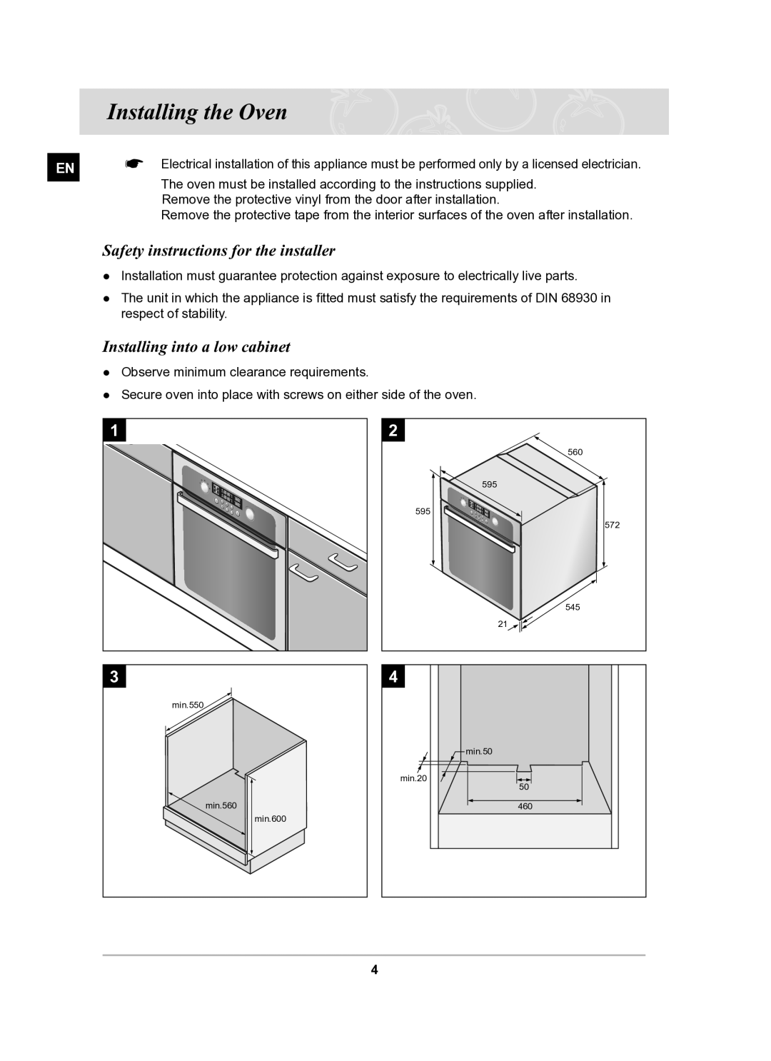 Samsung BT63CDAL/BOL manual Installing the Oven, Safety instructions for the installer, Installing into a low cabinet 