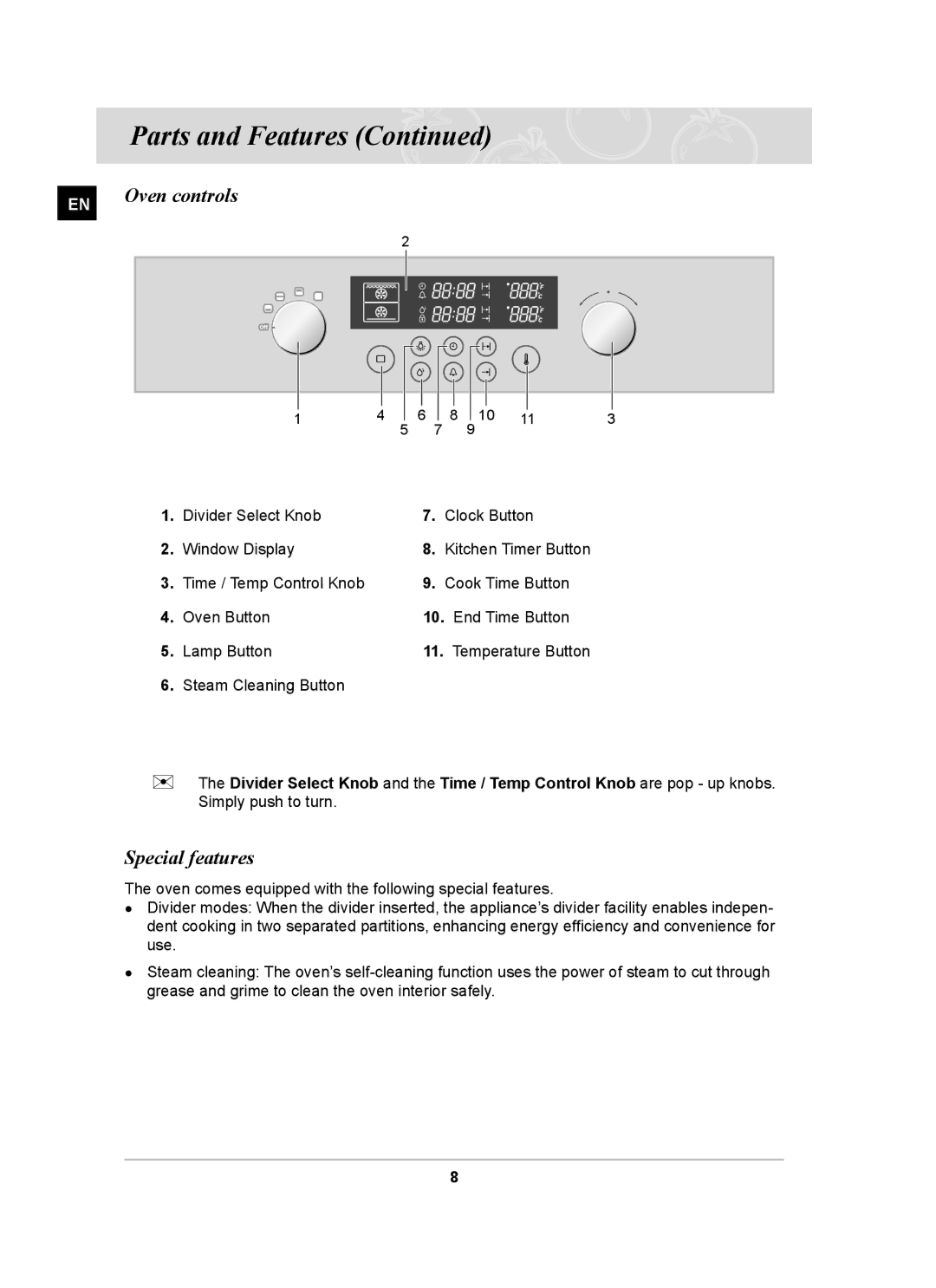 Samsung BT63CDGB/BOL manual Oven controls, Special features 