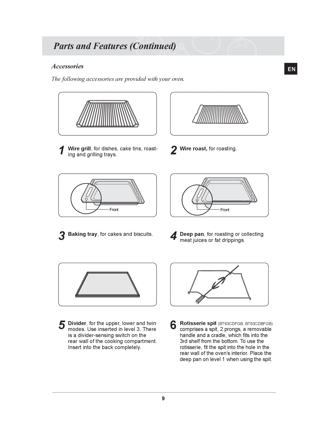 Samsung BT63CDGB/BOL manual Accessories, Following accessories are provided with your oven 